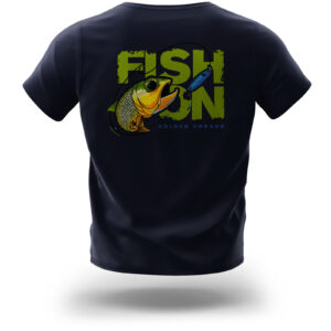 back of fish on tshirt with golden dorado striking a spoon lure