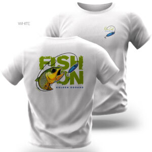 front and back of fish on tshirt with golden dorado striking a spoon lure