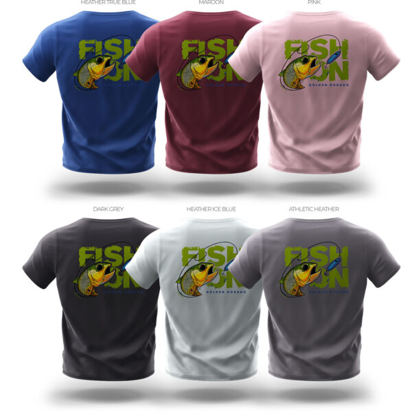 color variations of back of fish on tshirt with golden dorado striking a spoon lure