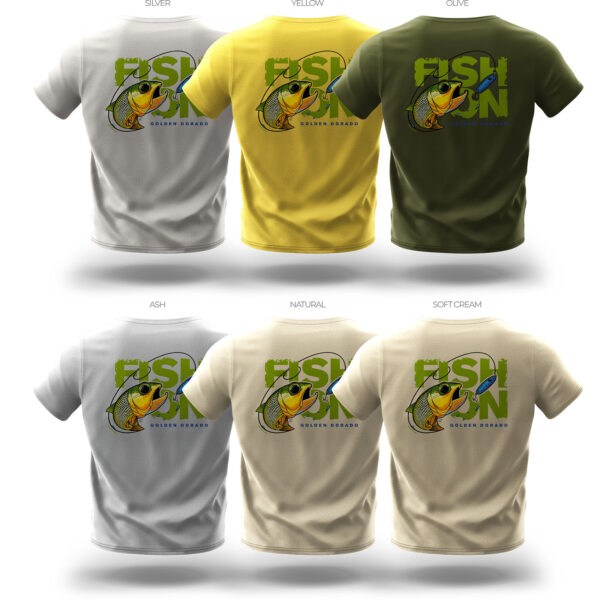 color variations of back of fish on tshirt with golden dorado striking a spoon lure